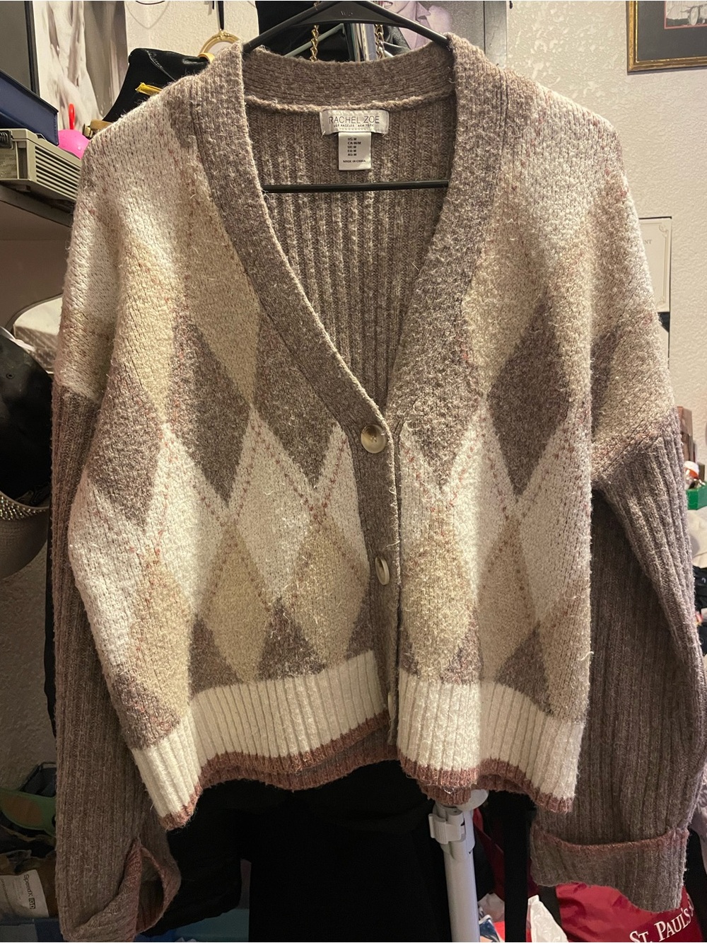 Rachel Zoe Taupe & Cream Argyle V-Neck Cardigan